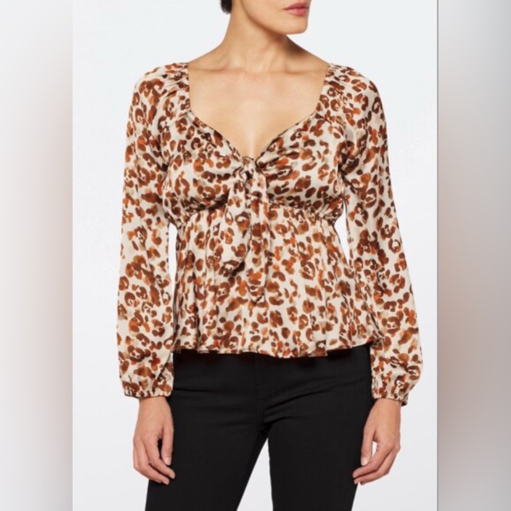 Socialite Linden Tie Front Blouse Animal Print Brown Size Large Long Sleeve